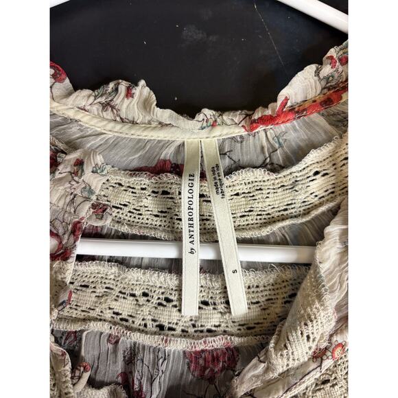 Anthropologie Boho Blouse tiny floral crinkle chiffon lace trim poet sleeve S - Picture 11 of 14